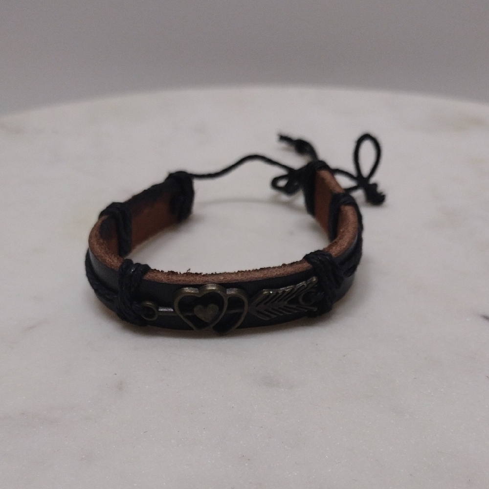 Bronze Double Heart Arrow with Small Solid Heart Black Leather Adjustable BA-13